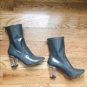 Grey patent leather ankle heel boots