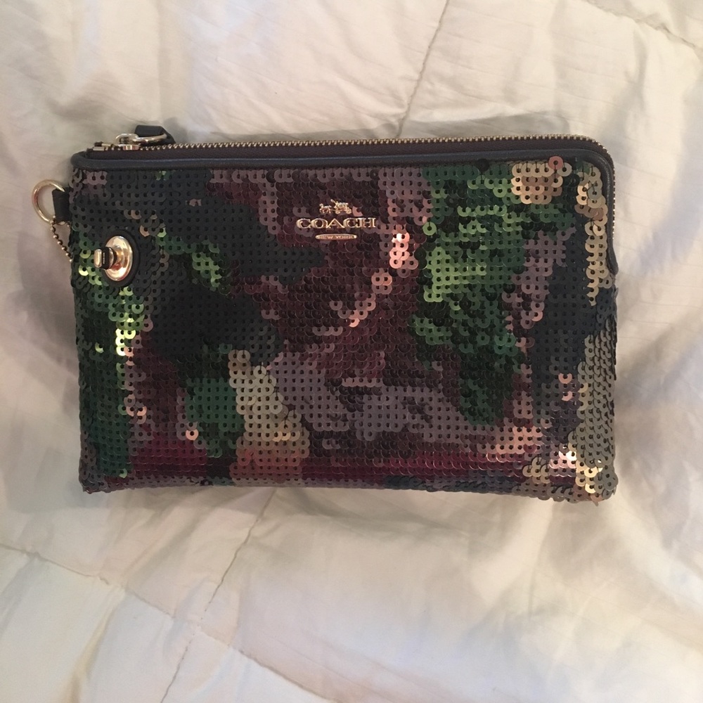 Coach sequin camo clutch
