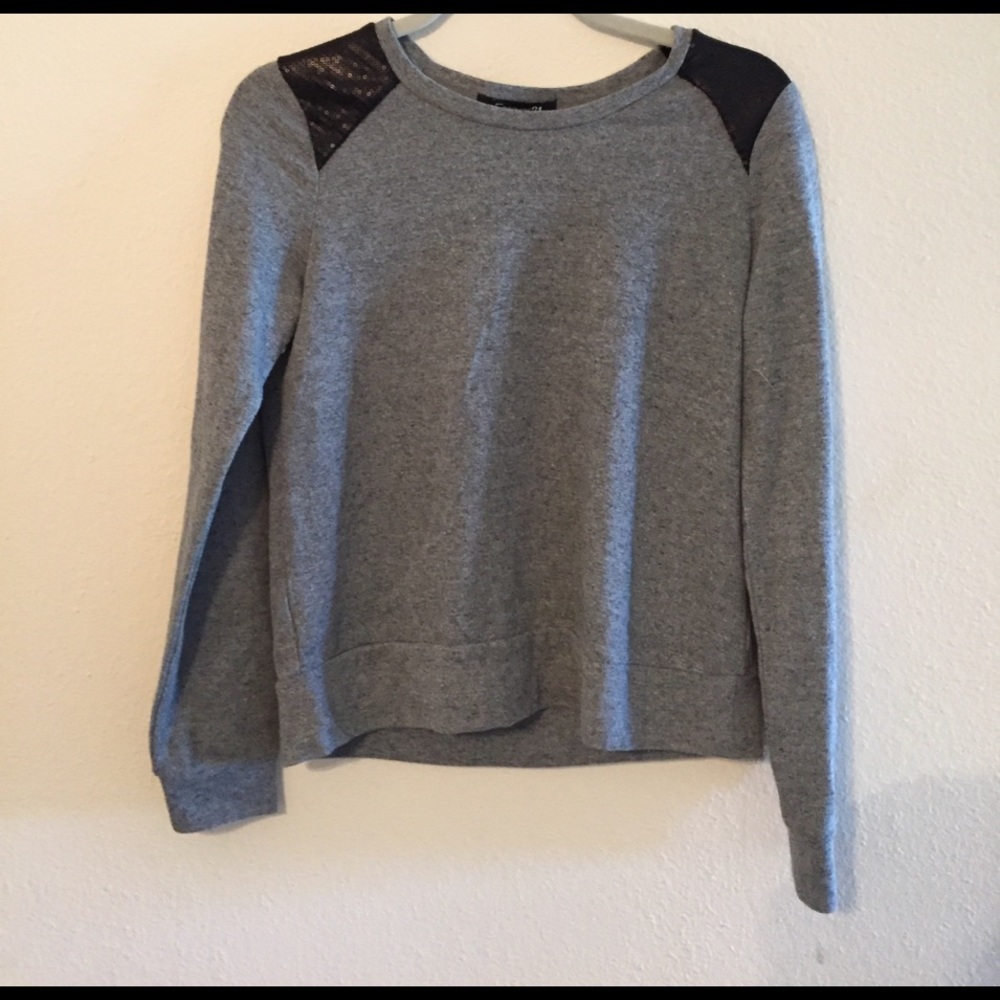 Gray sweater with black sequin shoulders