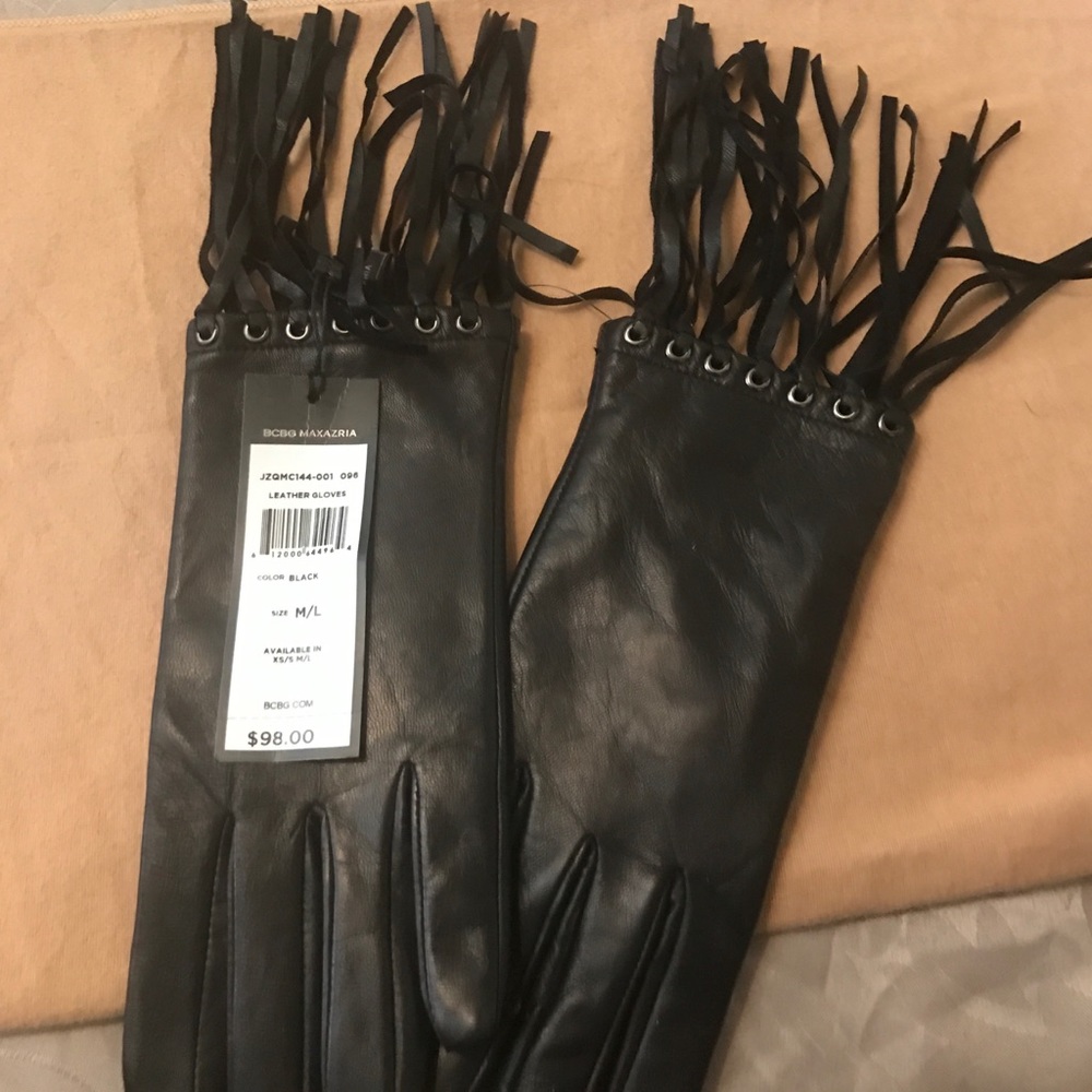 BCBG BLACK LEATHER FRINGE GLOVES