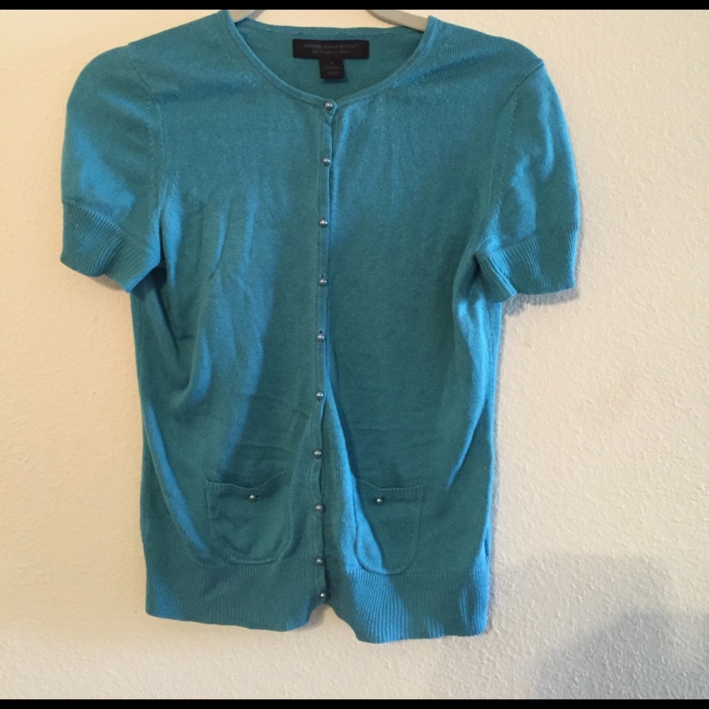 Blue cardigan with faux pearl buttons