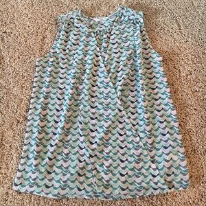 CAbi wrap blouse with bird motif in aqua/grey