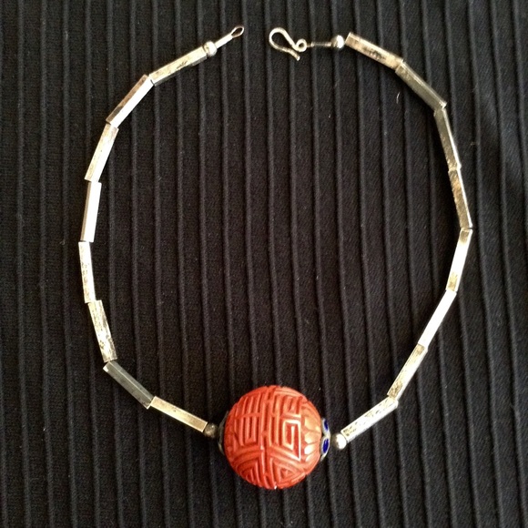 Vintage Cinnabar & Silver Choker Necklace