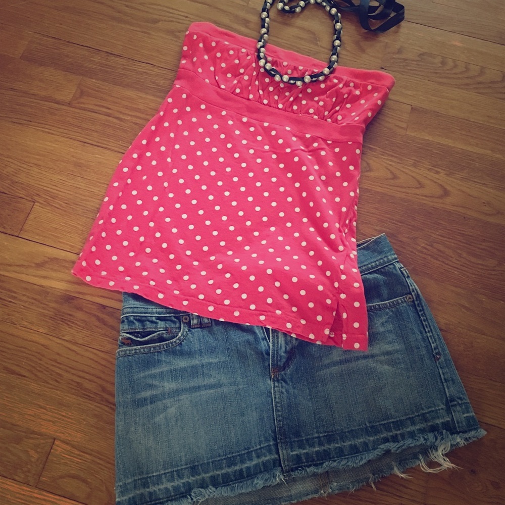 Pink polka dot strapless top
