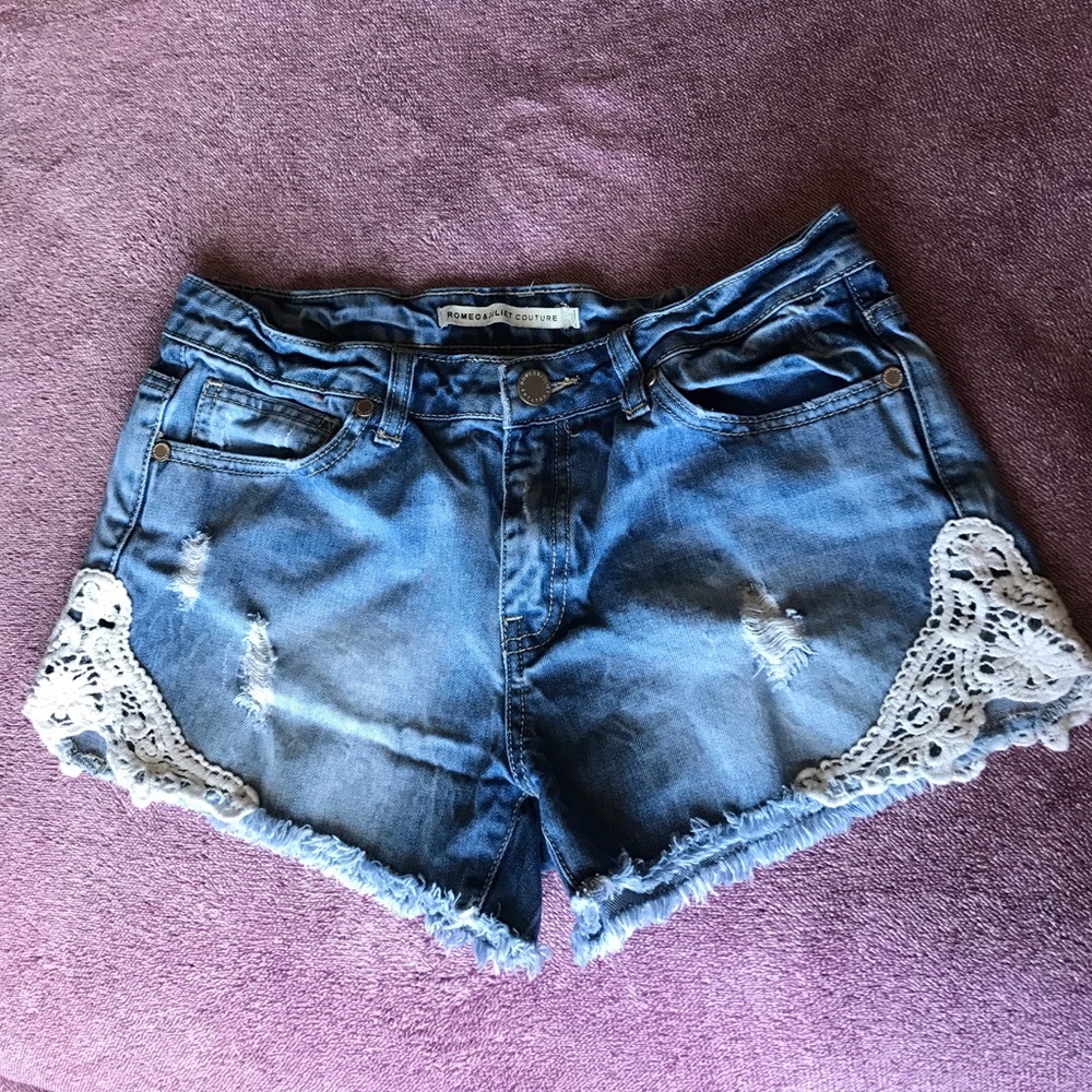 Distressed Denim Shorts w/ Lace