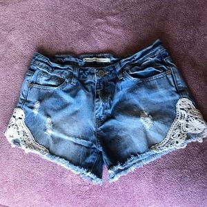 Distressed Denim Shorts w/ Lace