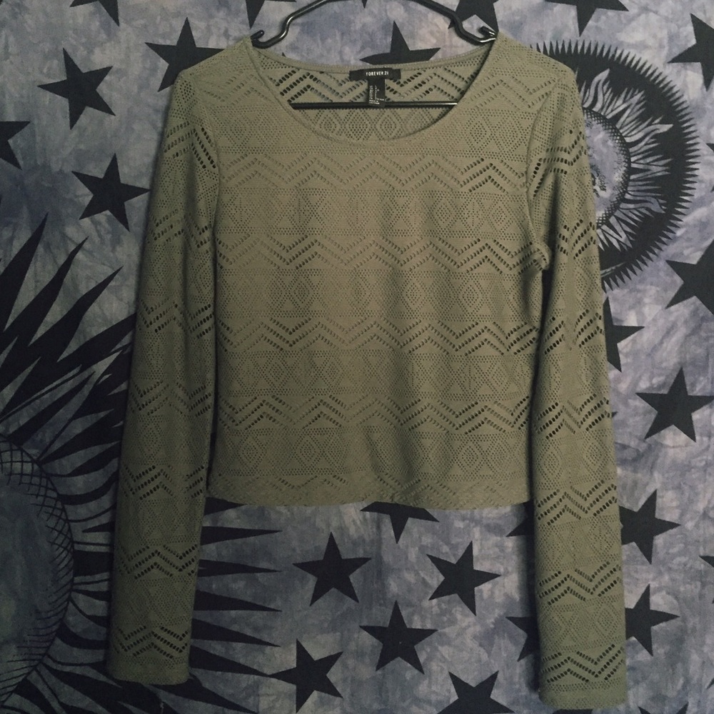 Olive Army Green Long Sleeve Patterned Crop Top