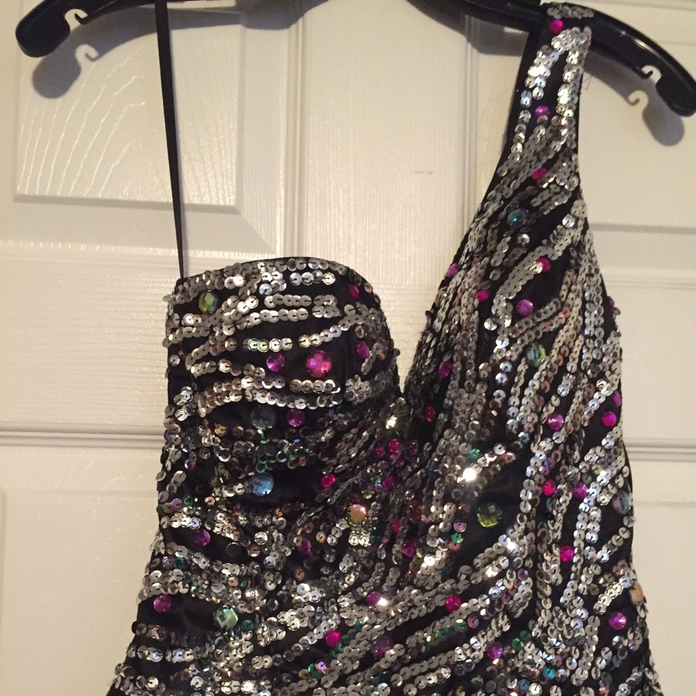 Short one shouldered black sequin dress