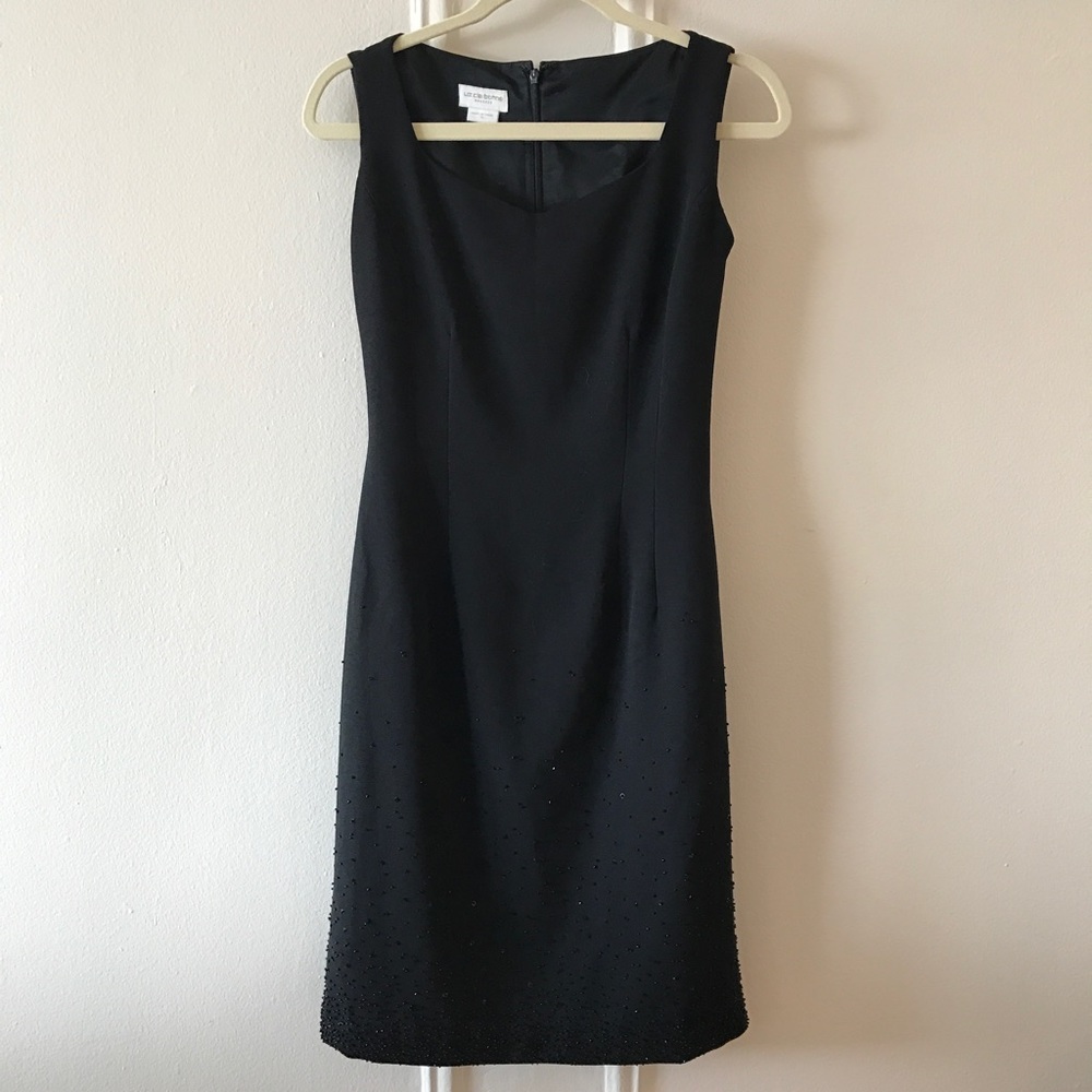 Liz Claiborne sleeveless black dress with beading.