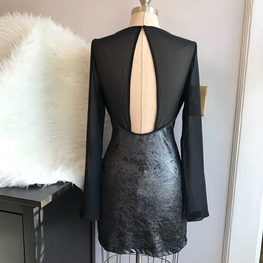 BCBG GUNMETAL SILVER VELOUR SHEER BODYCON DRESS
