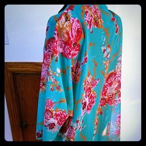 size S semi sheer turquoise floral open cardigan