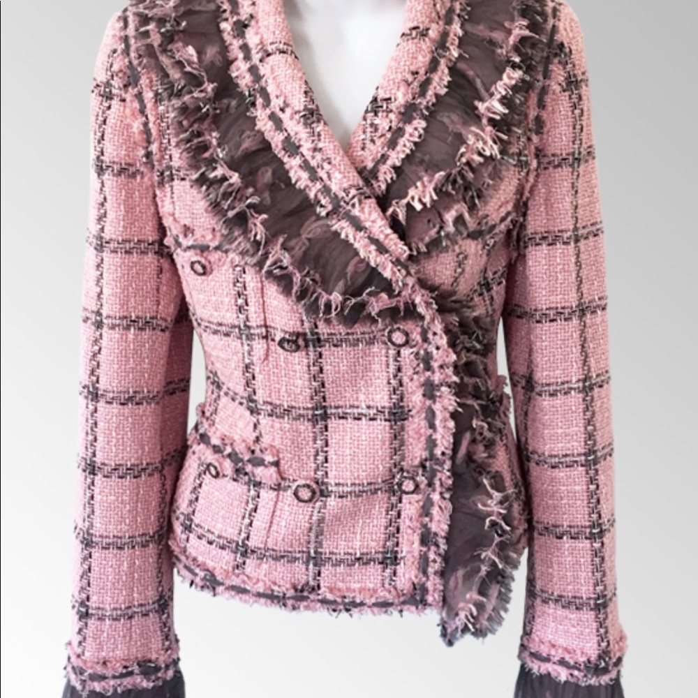 CHANEL Pink Fringed Tulle Boucle Jacket/Blazer