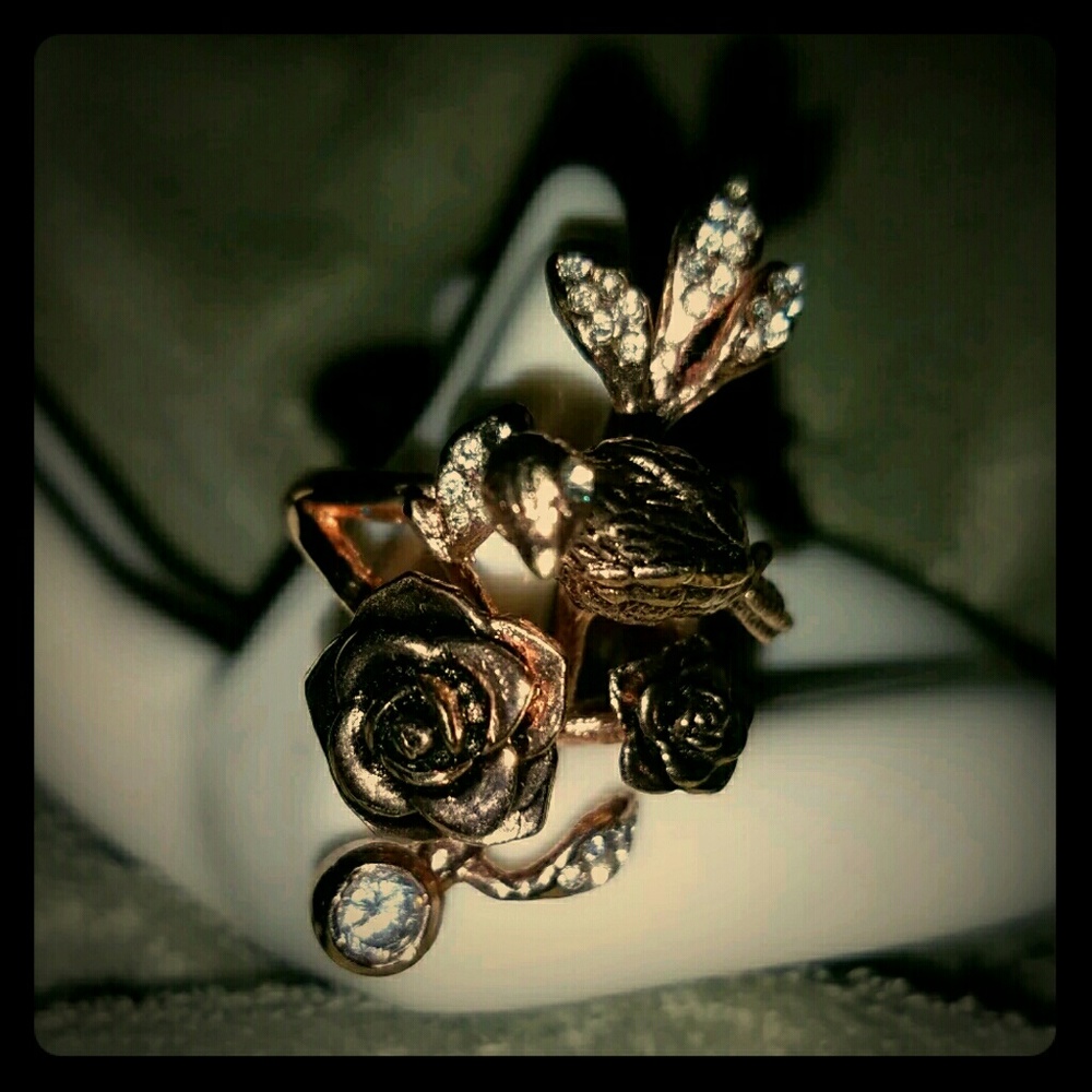 Rose-Gold Bird and Flowers Ring with Crystals