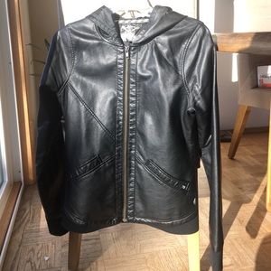 Faux Leather Jacket with Hood