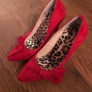 Faux red suede heels with bows