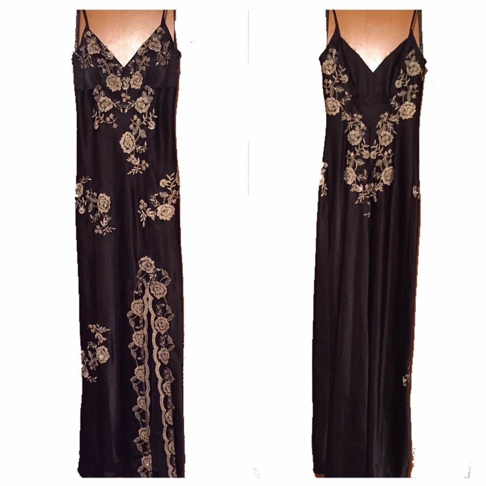 Elegant Black Silk, Gold Lace Formal Dress