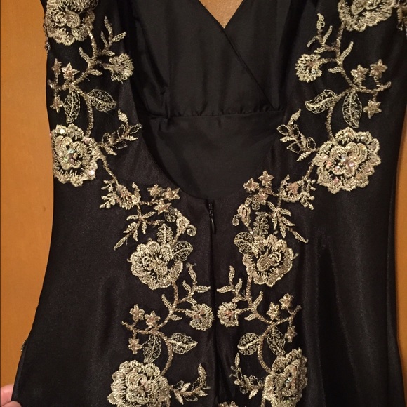 Elegant Black Silk, Gold Lace Formal Dress - Picture 2 of 3