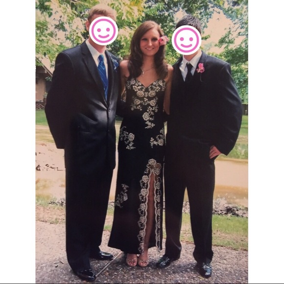 Elegant Black Silk, Gold Lace Formal Dress - Picture 3 of 3