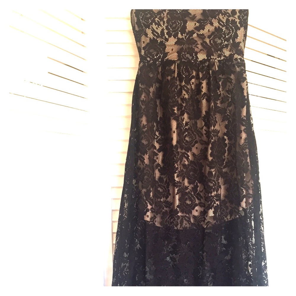 Strapless Lace Overlay Floor Length Dress