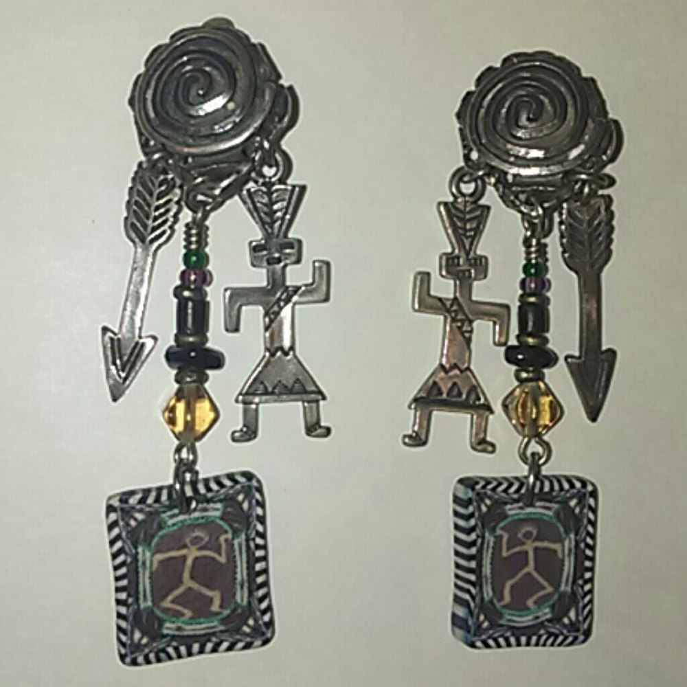 Vintage Tribal Design Clip On Metal Earrings