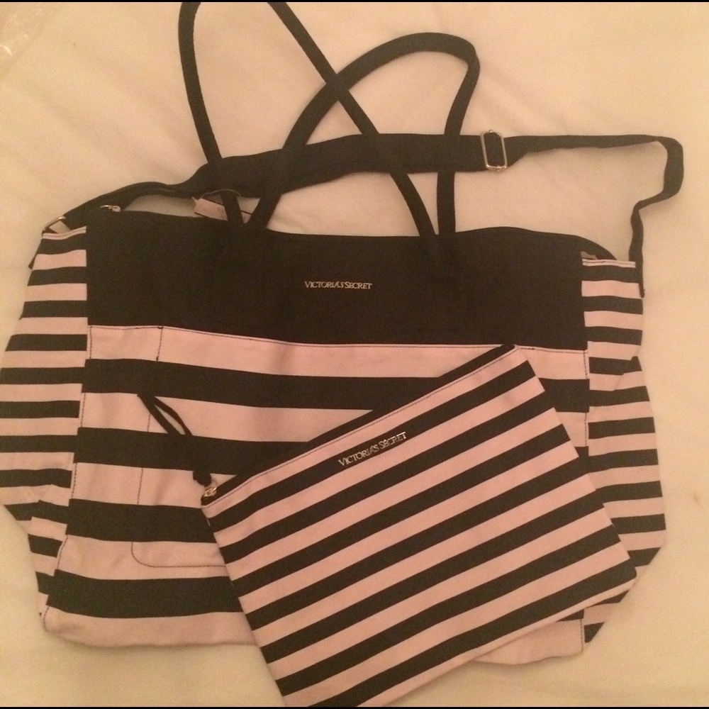 NWT Victoria's Secret Striped Weekender & Pouch