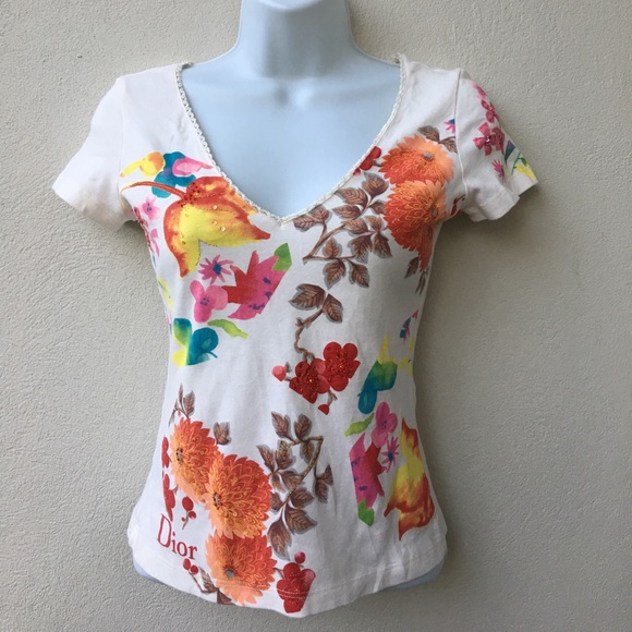Christian Dior Tops - Christian Dior Floral V-Neck T Shirt size 4