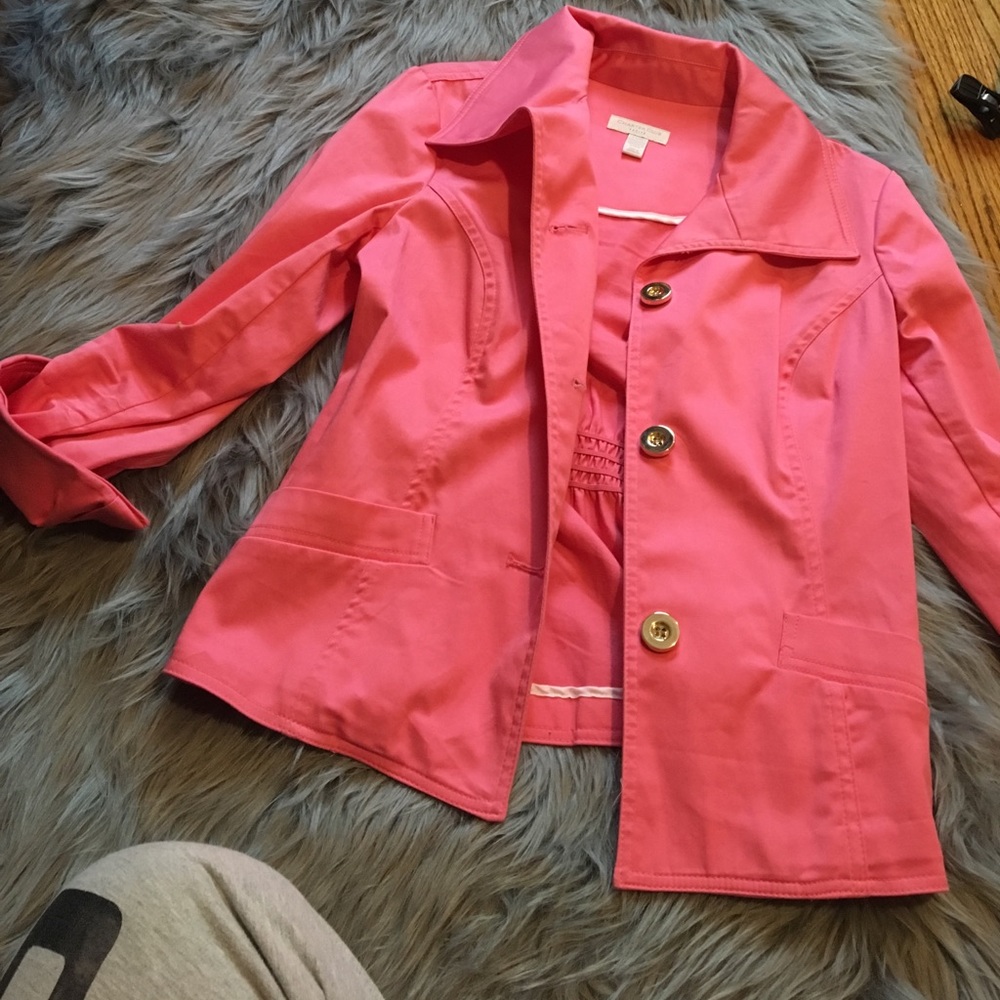Pink blazer with gold buttons