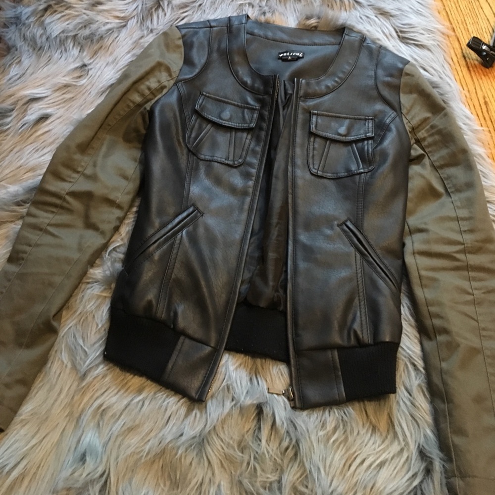Black and green army type jack and faux leather