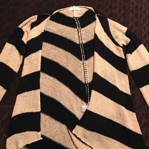 Hip length beige and black stripe sweater