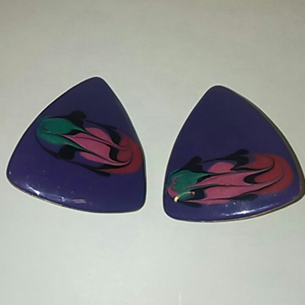 Vintage 1980's Metal Handpainted Pyramid  Earrings