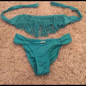 L*SPACE Fringe Bandeau Strapless Bikini Blue XS 👙