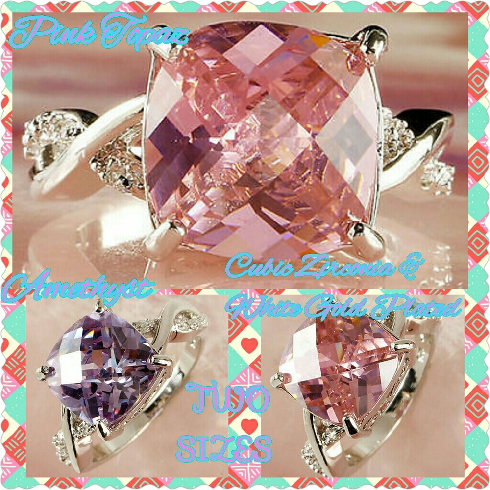 NWT Pink Topaz or Amethyst w/ CZ & WG Plated Bands