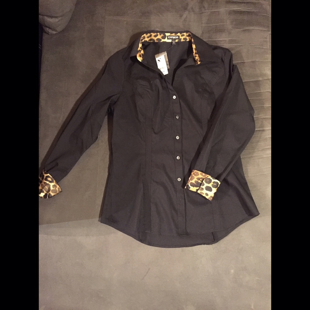 Black dress shirt blouse with leopard print accent
