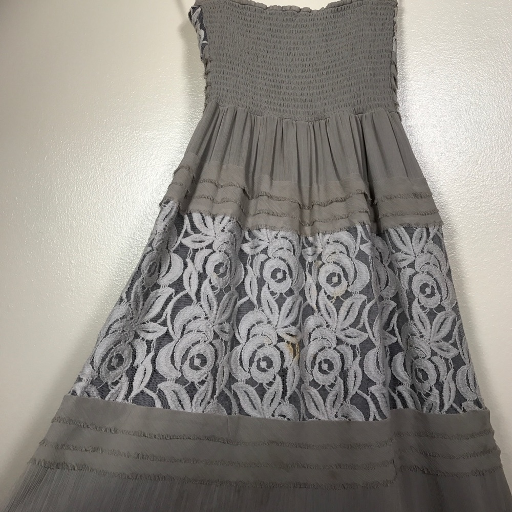 Strapless Maxi in Gray Lace and Raw-Edge Chiffon