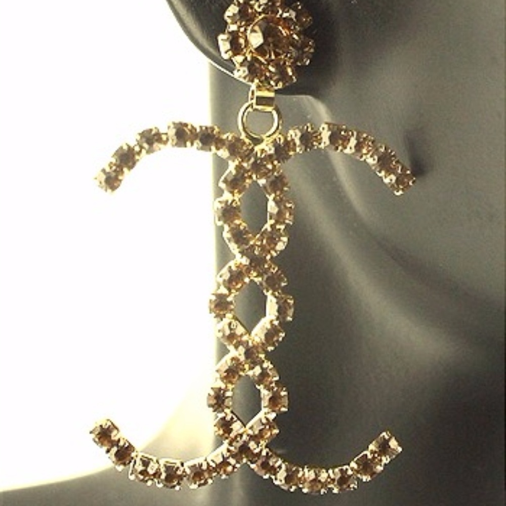 💋💞 Fabulous Doubled C Loop Rhinestone & Crystal Topaz  Earrings