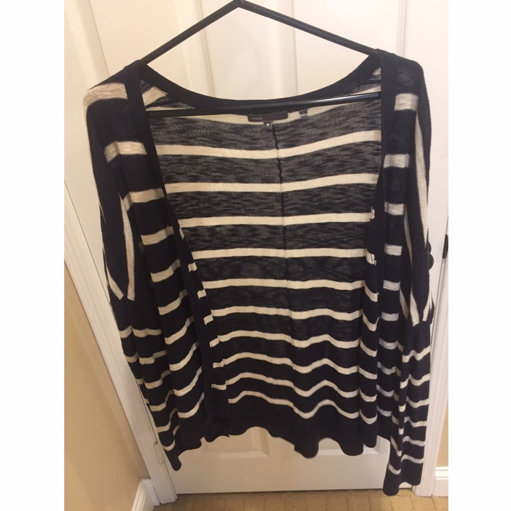 VINCE Navy & Cream striped cardigan.