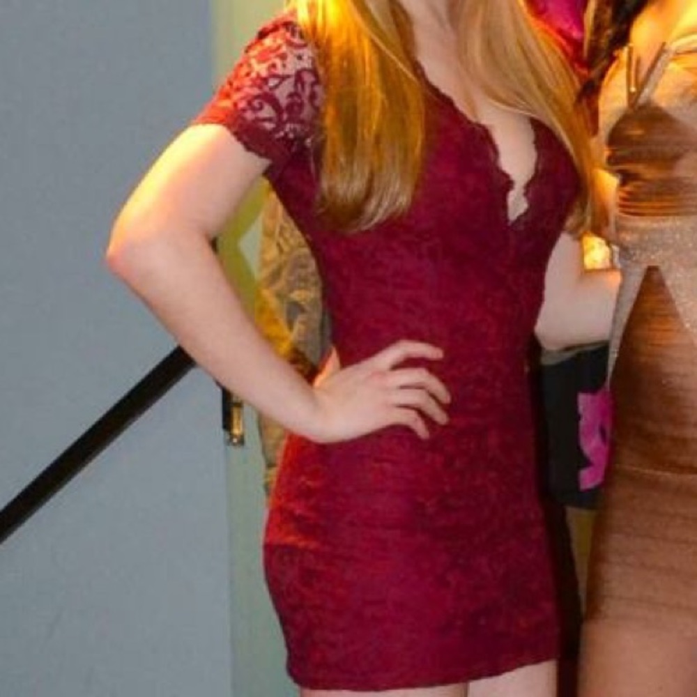 Maroon deep v lace dress