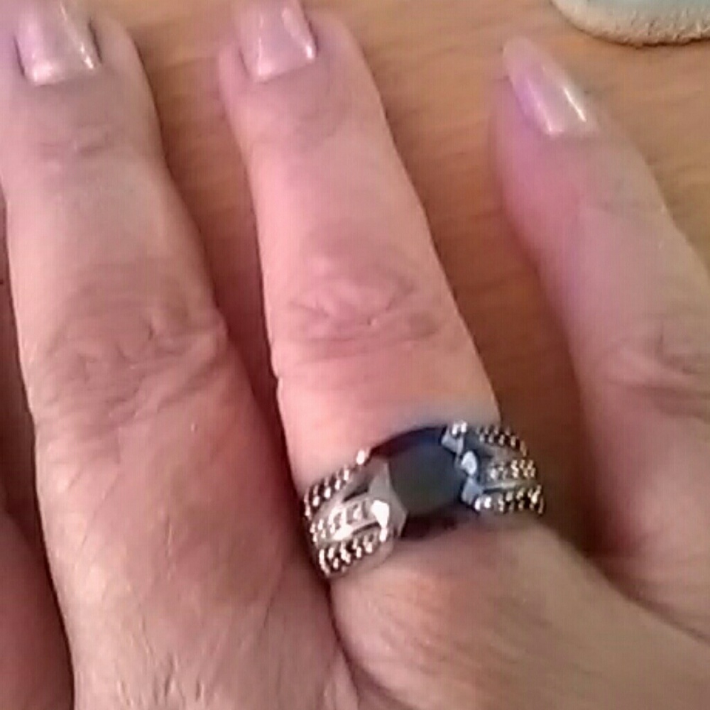 Blue Sapphire Ring with Diamond Accents and 14K White Gold Overlay (NWOT)