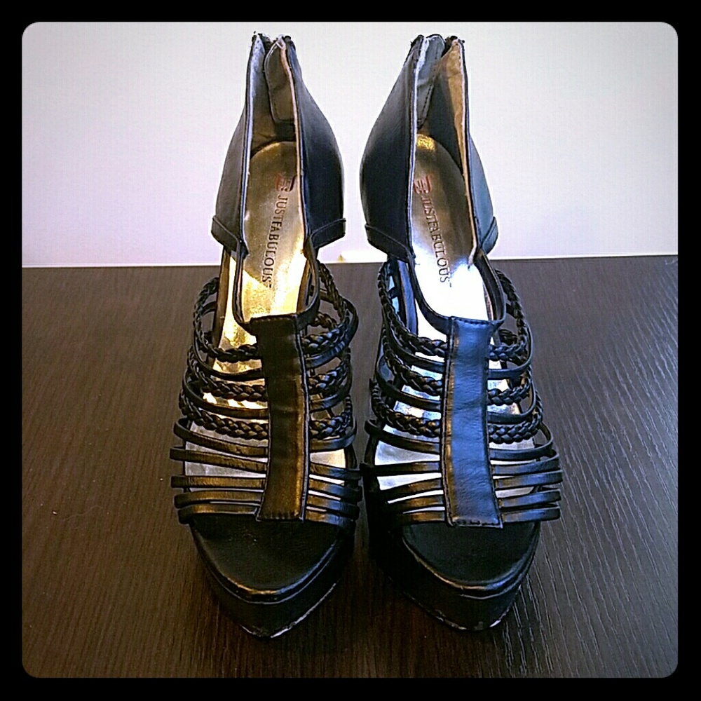 Justfab Black caged silver heels