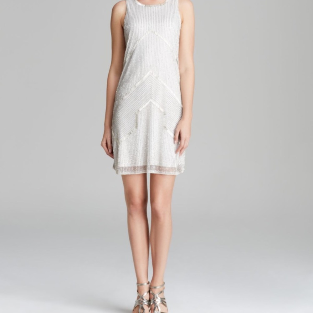 adrianna papell white sequin dress Adrianna Papell White Sequin Dress Flutter Sleeves Size 10