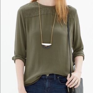 Madewell Silk Quilted Blouse in Army Green
