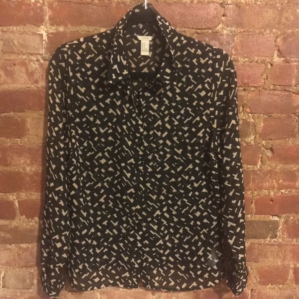 F21 Sheer Black Retro-patterned Button-down