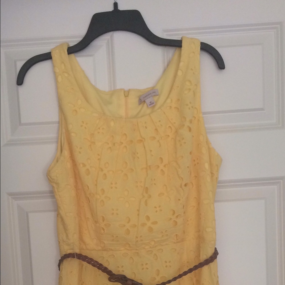 Yellow Dress Barn lace dress with brown belt