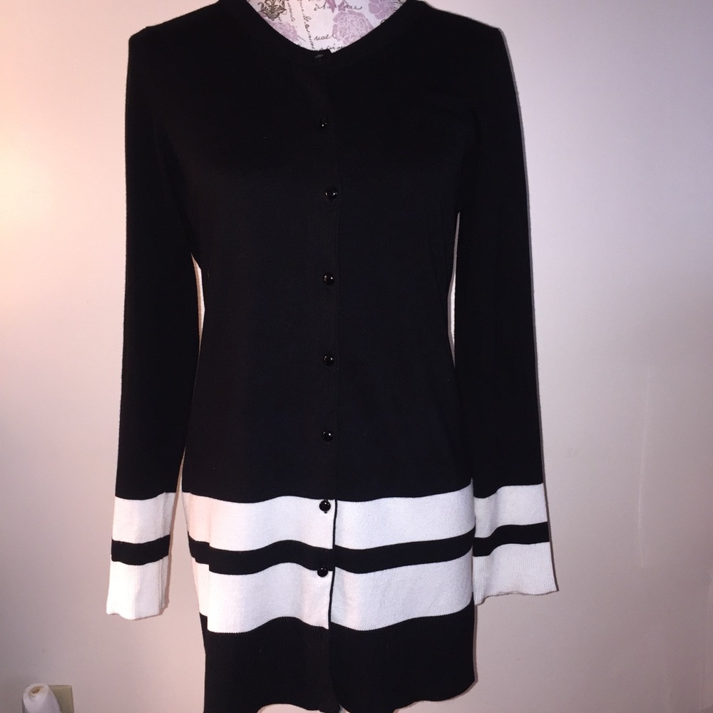 Black and white striped crewneck cardigan sweater