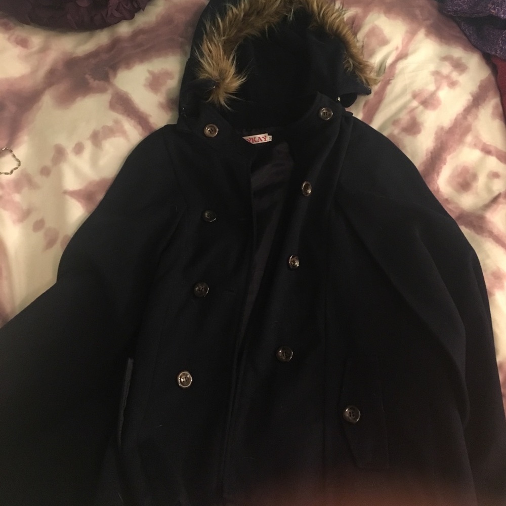 Navy Blue Poncho-Coat/Cape with Fur Hood