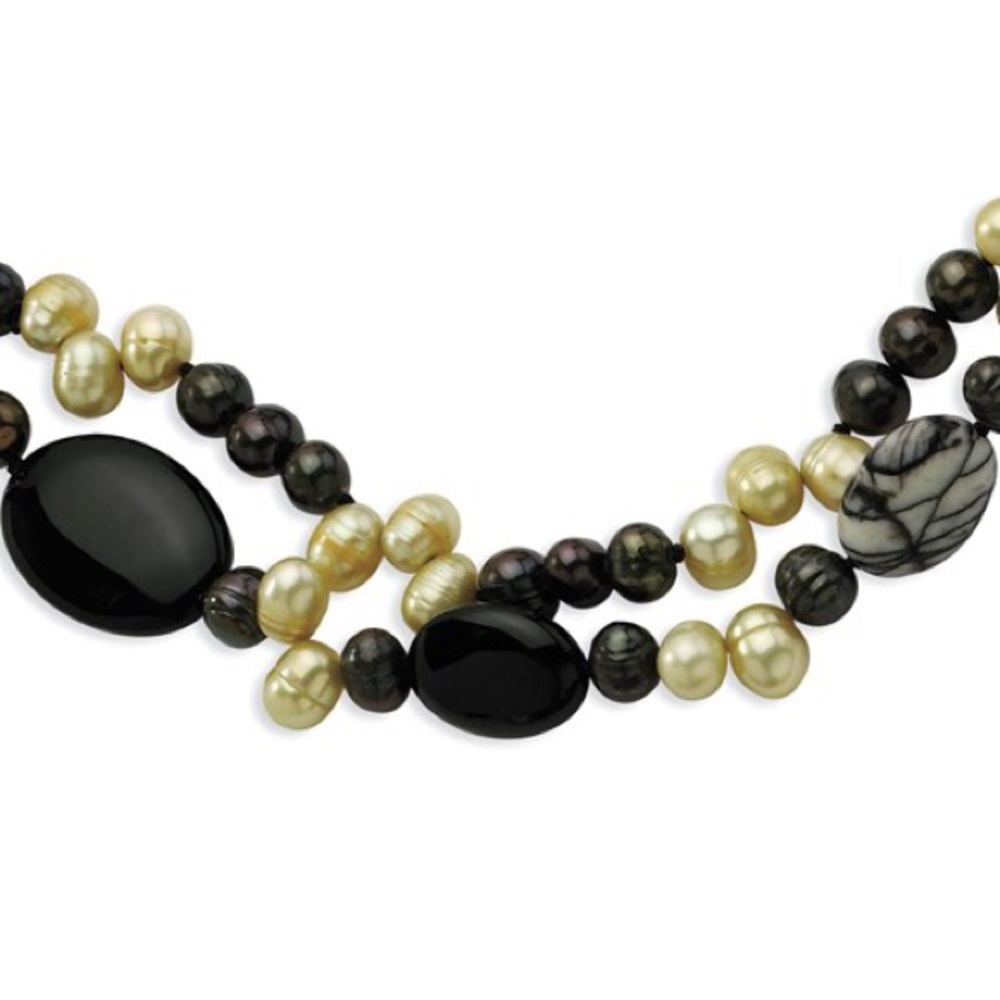 Black Agate and Zebra Jasper FWC Pearl Necklace