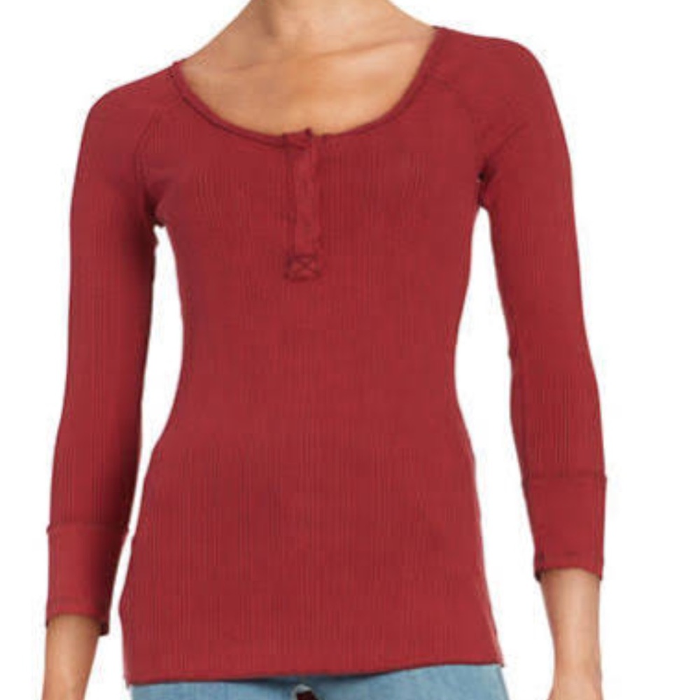 Free People Ribbed Long Raglan Henley Tee Size S