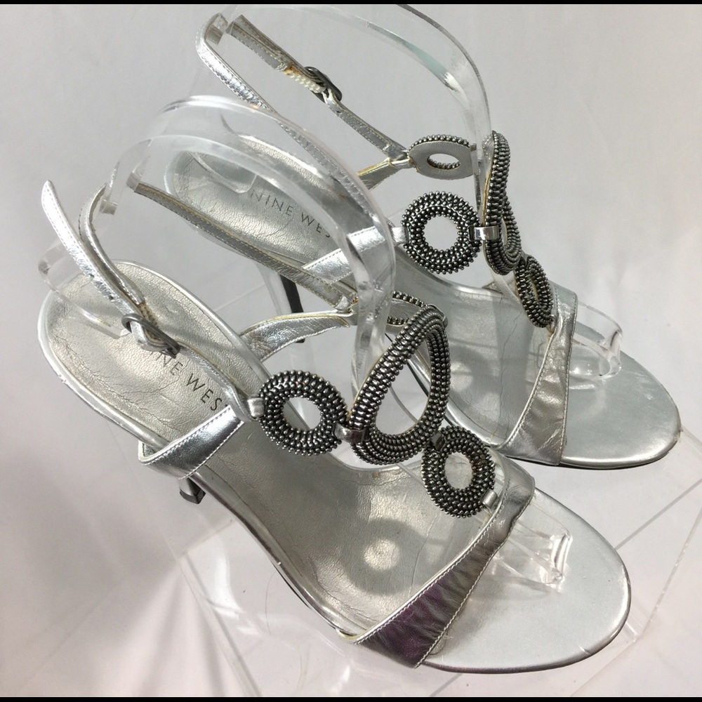 Strappy Silver Nine West Shoes with Metal Detail