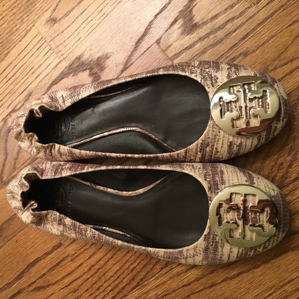 Tory Burch snake print and silver Reva Flats