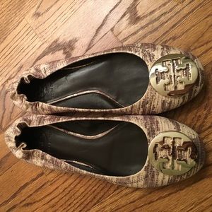Tory Burch snake print and silver Reva Flats